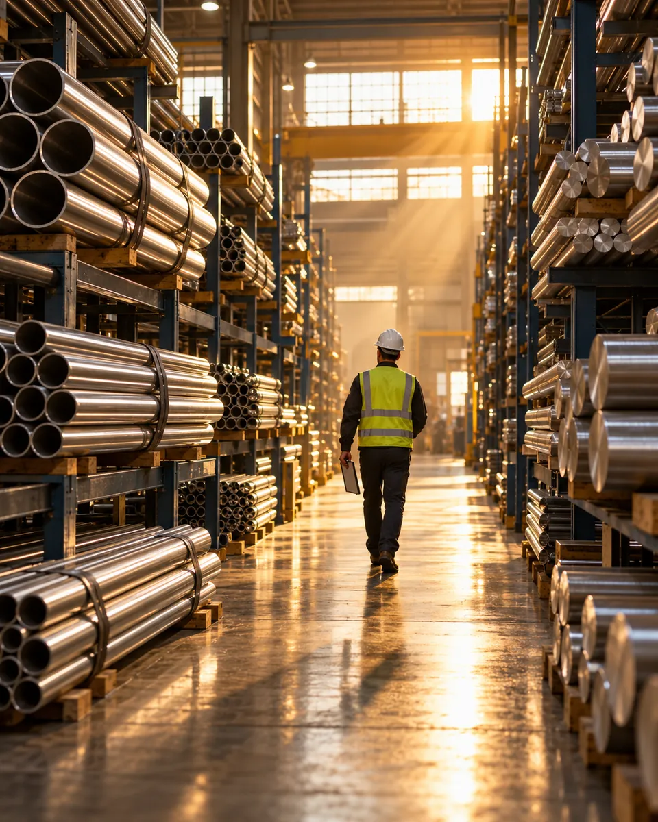 Stainless steel pipe stock at the Vedant Steel and Tubes Industries warehouse